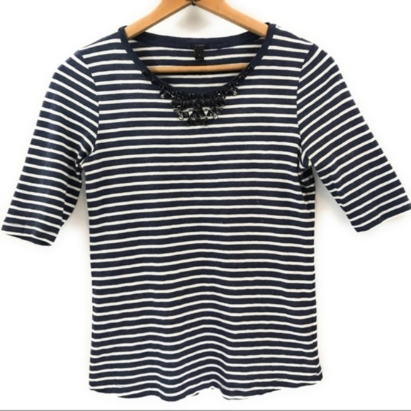 J. Crew Tops - J. Crew Womens Jeweled 3/4 Sleeve Navy White Top S
